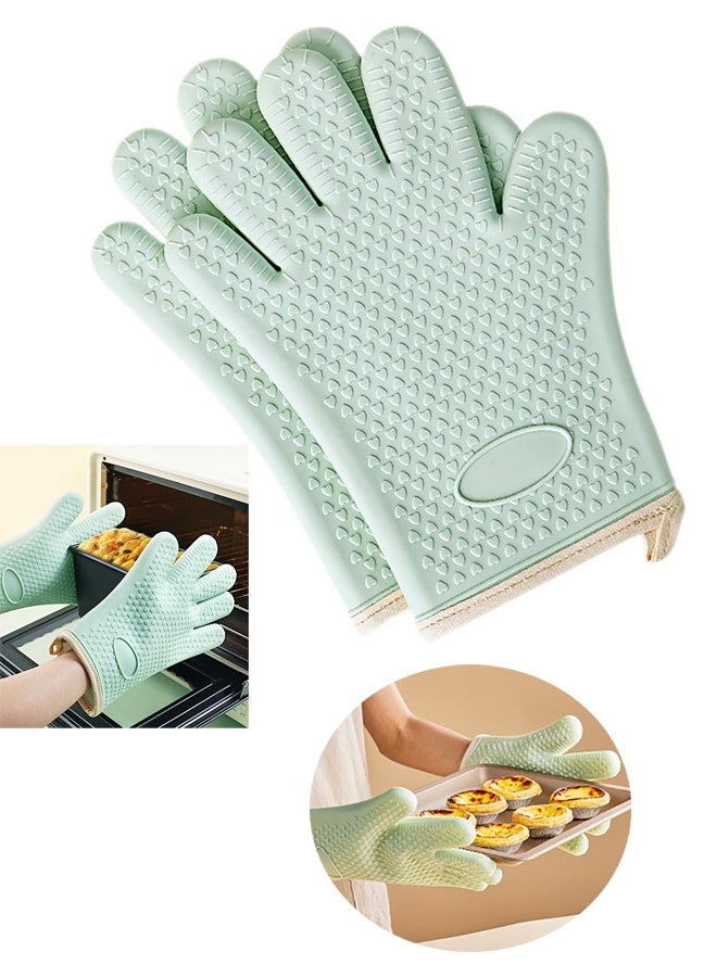 2 Pcs Green Silicone Oven Gloves, Silicone Oven Mitts Oven Glove Heat Resistant Soft Lining Oven Mits Cooking Mitt with Non Slip Waterproof for Cooking Baking Kitchen Mittens